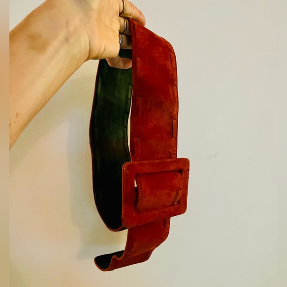VTG 80s Bibo Folk Flowerchild Avant Garde Boho Hippie Orange Wide Suede Belt M - Picture 3 of 8